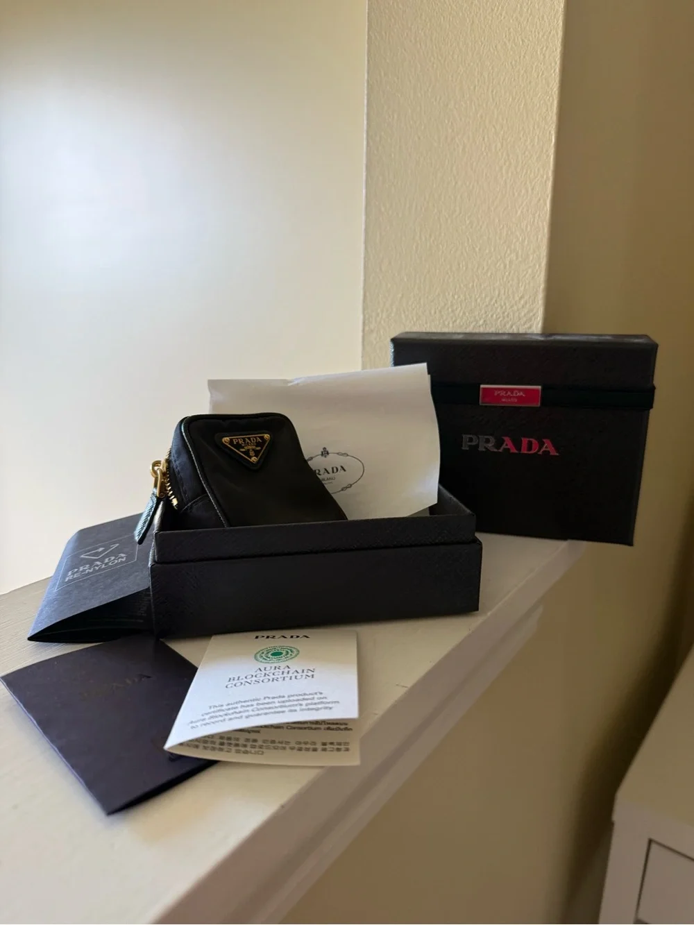 Prada Black Leather Triangle Logo Key & Card Holder with Gold Hardware